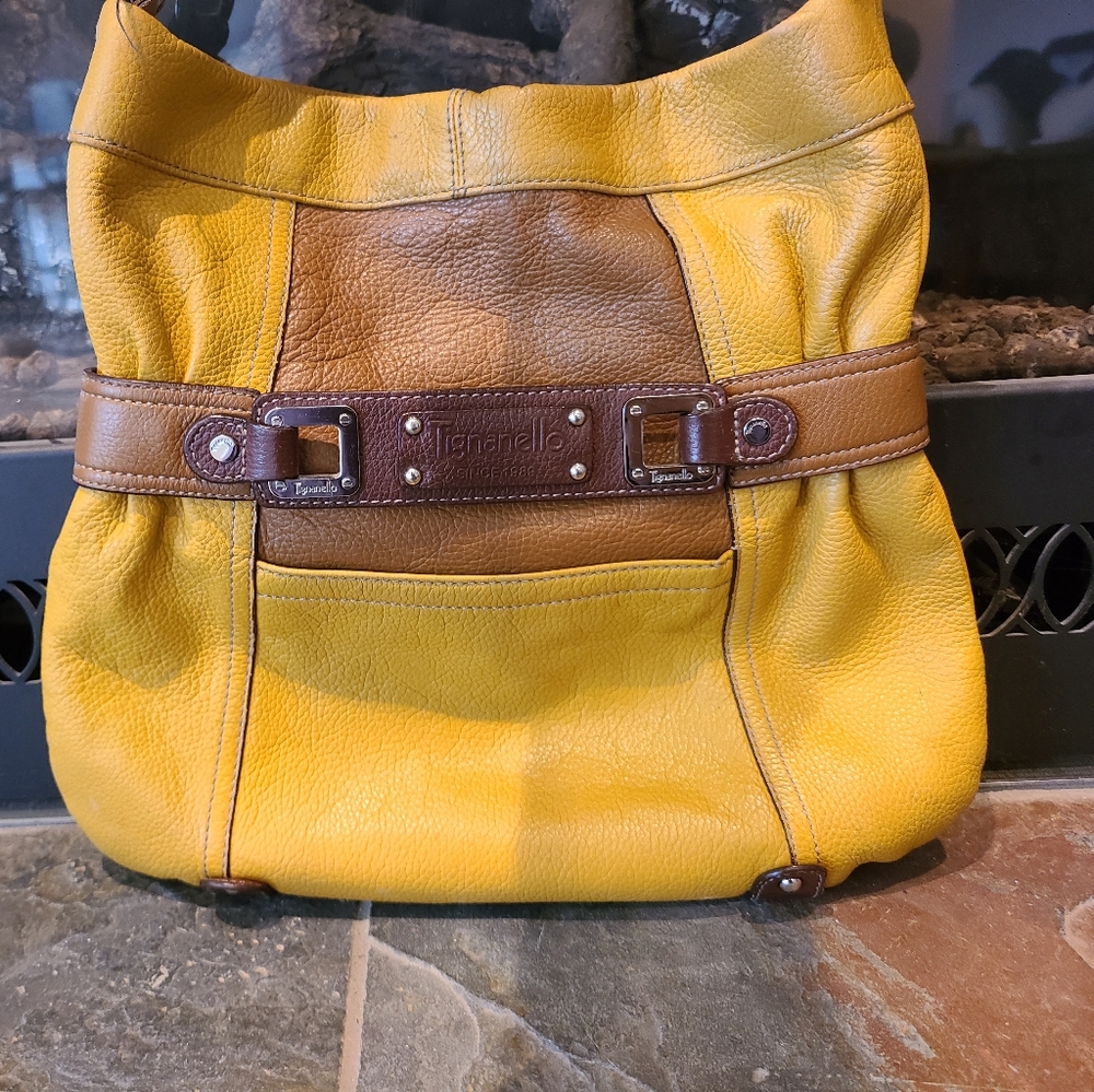Tignanello Mustard Yellow and Brown Leather Purse/Shoulder Bag Multi Conpartment - Picture 2 of 14